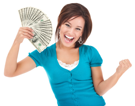 Happy woman holding money after selling her car to Houston Auto Auction
